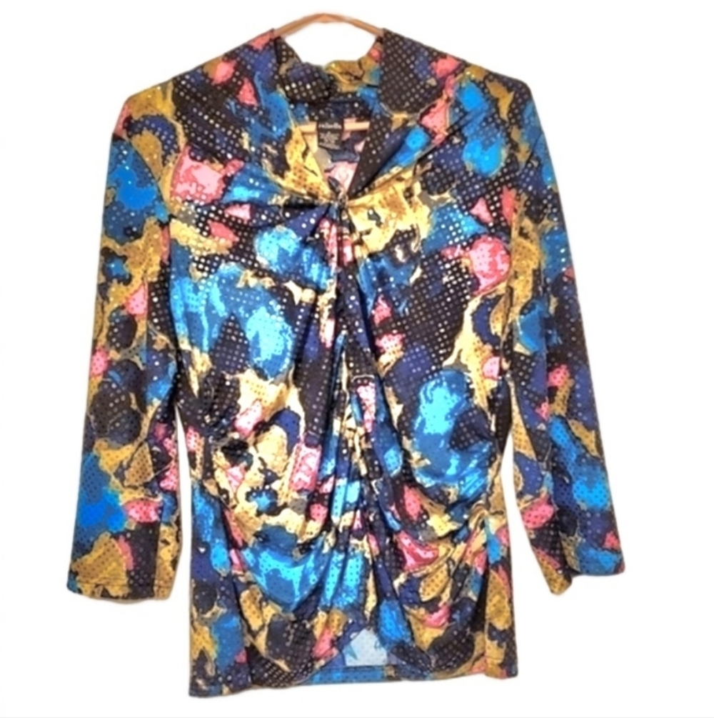 Rafaella Abstract Polka Dot Shirt Ruched Twist Front Neckline Stretchy Size XL